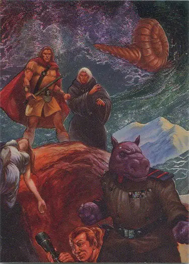 Mythical characters confront a giant sea creature in Metallic Storm Chase card art