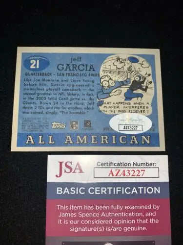 Autographed Jeff Garcia 2003 Topps All-American trading card with JSA certification