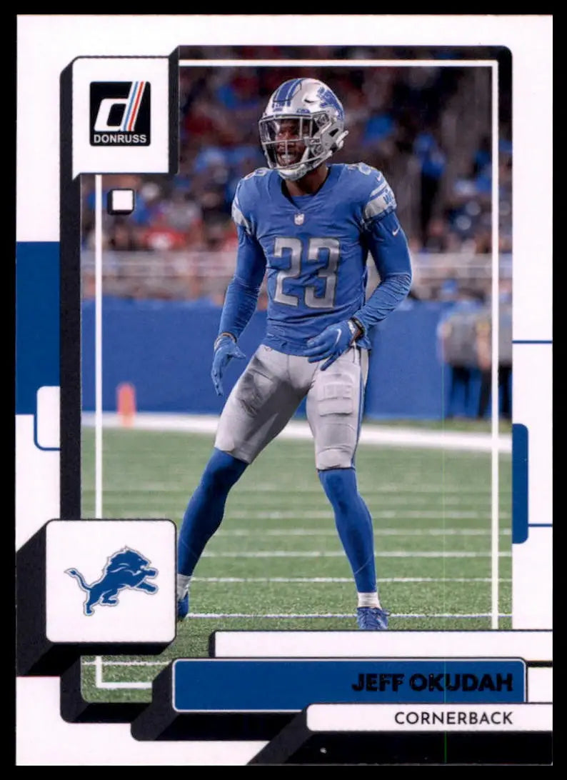Jeff Okudah football card from 2022 Donruss Detroit Lions product display
