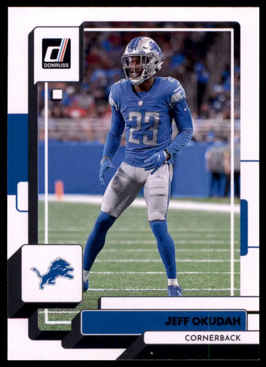 Jeff Okudah football card from 2022 Donruss Detroit Lions product display