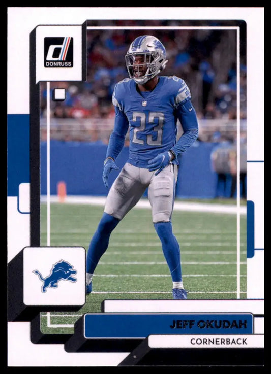 Jeff Okudah 2022 Donruss football card from Detroit Lions product display
