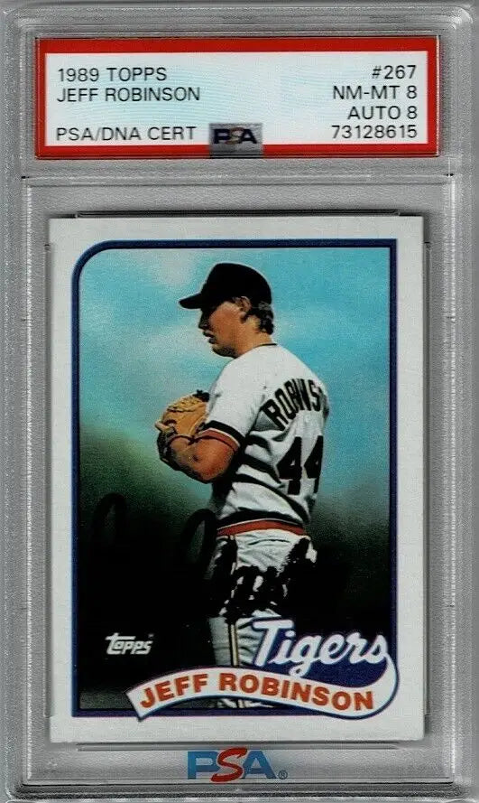 Graded 1989 Topps Jeff Robinson Signed Detroit Tigers Auto PSA/DNA 8 baseball card