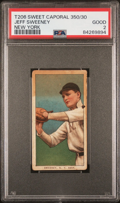 PSA-graded Jeff Sweeney T206 Sweet Caporal baseball card in batting stance