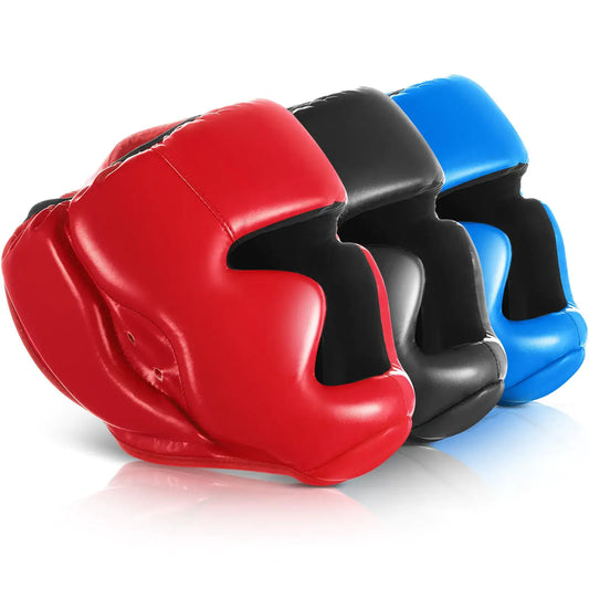 Red, black, and blue boxing head gear for MMA training and sparring for adults