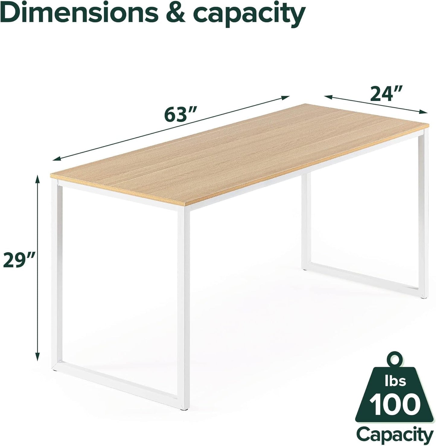 Jennifer 63 Inch White Frame Desk, Computer Workstation, Office Desk, Easy Assembly, Natural-1