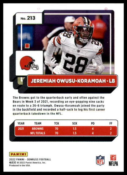 Football card back featuring Jeremiah Owusu-Koramoah from 2022 Donruss Cleveland Browns