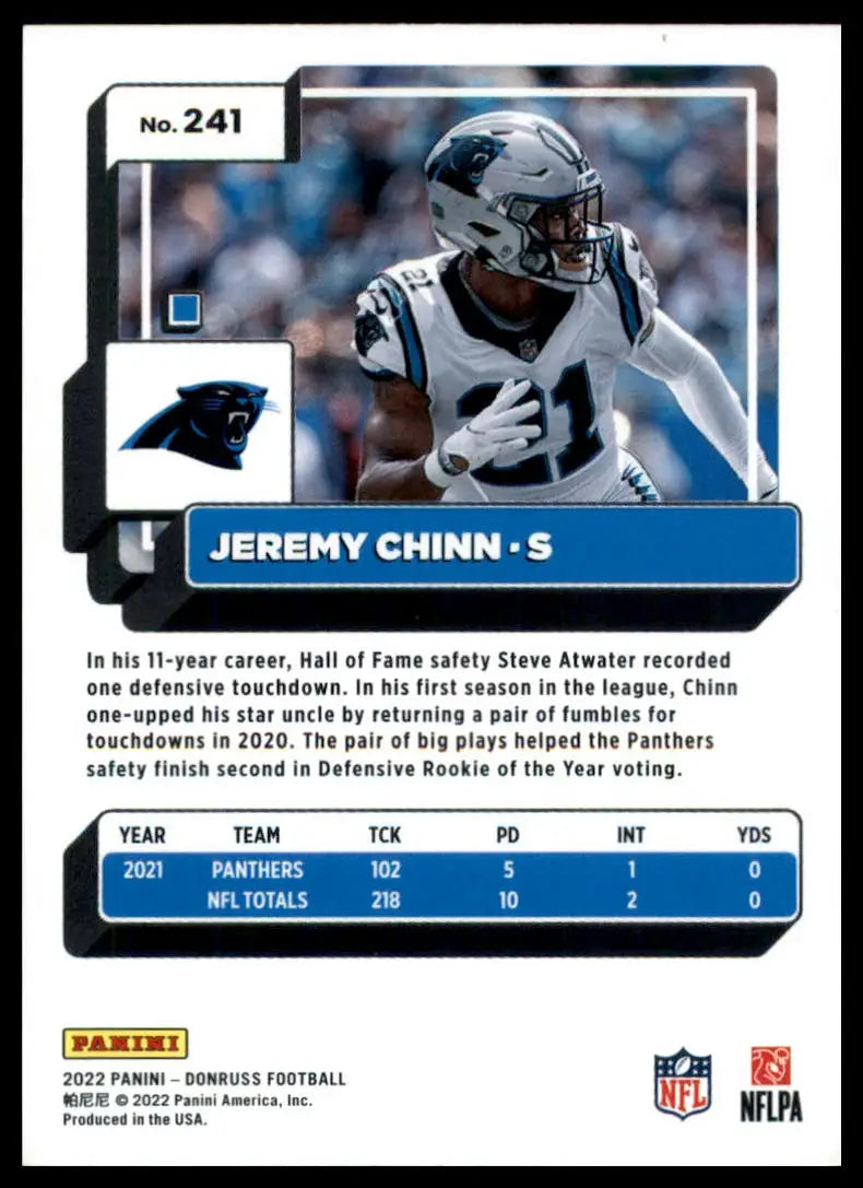 Jeremy Chinn football card from 2022 Donruss featuring Carolina Panthers player