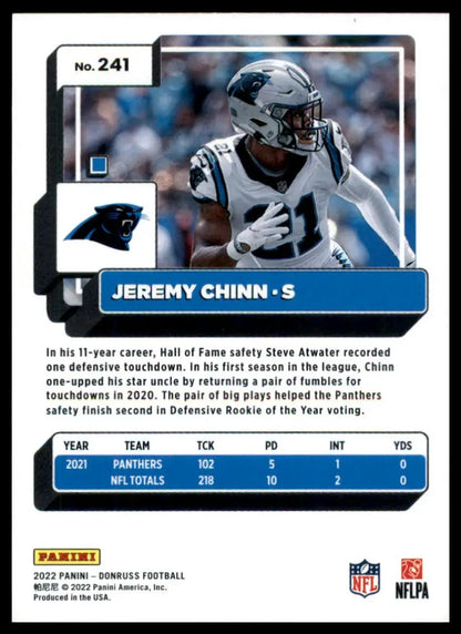Jeremy Chinn football card from 2022 Donruss featuring Carolina Panthers player
