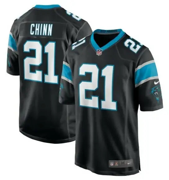 Black Carolina Panthers Nike Game Player Jersey with blue trim and white numbers