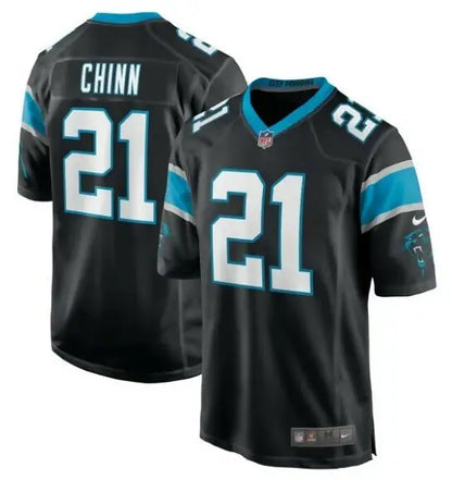 Black Carolina Panthers Nike Game Player Jersey with blue trim and white numbers