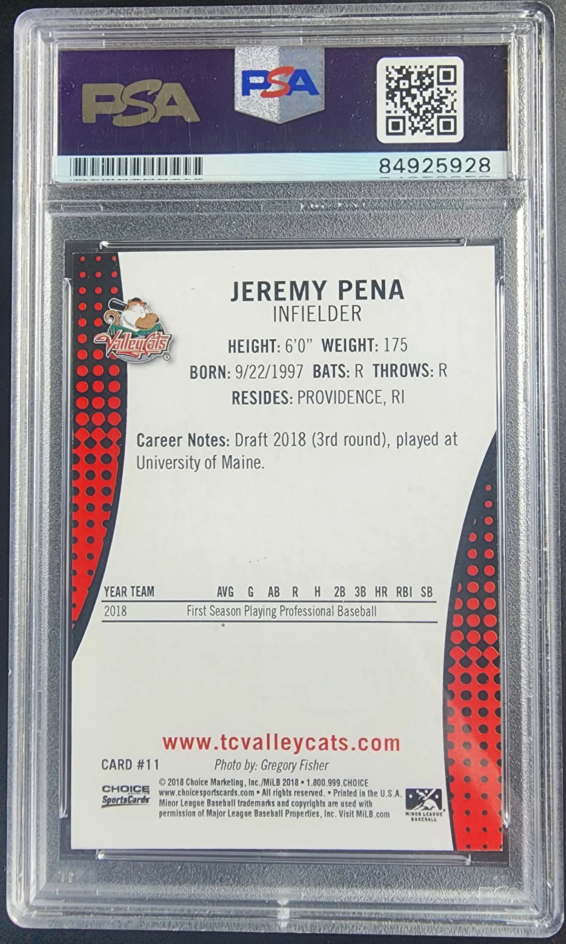 Graded Jeremy Pena 2018 Choice Auto PSA Auth baseball card for collectors