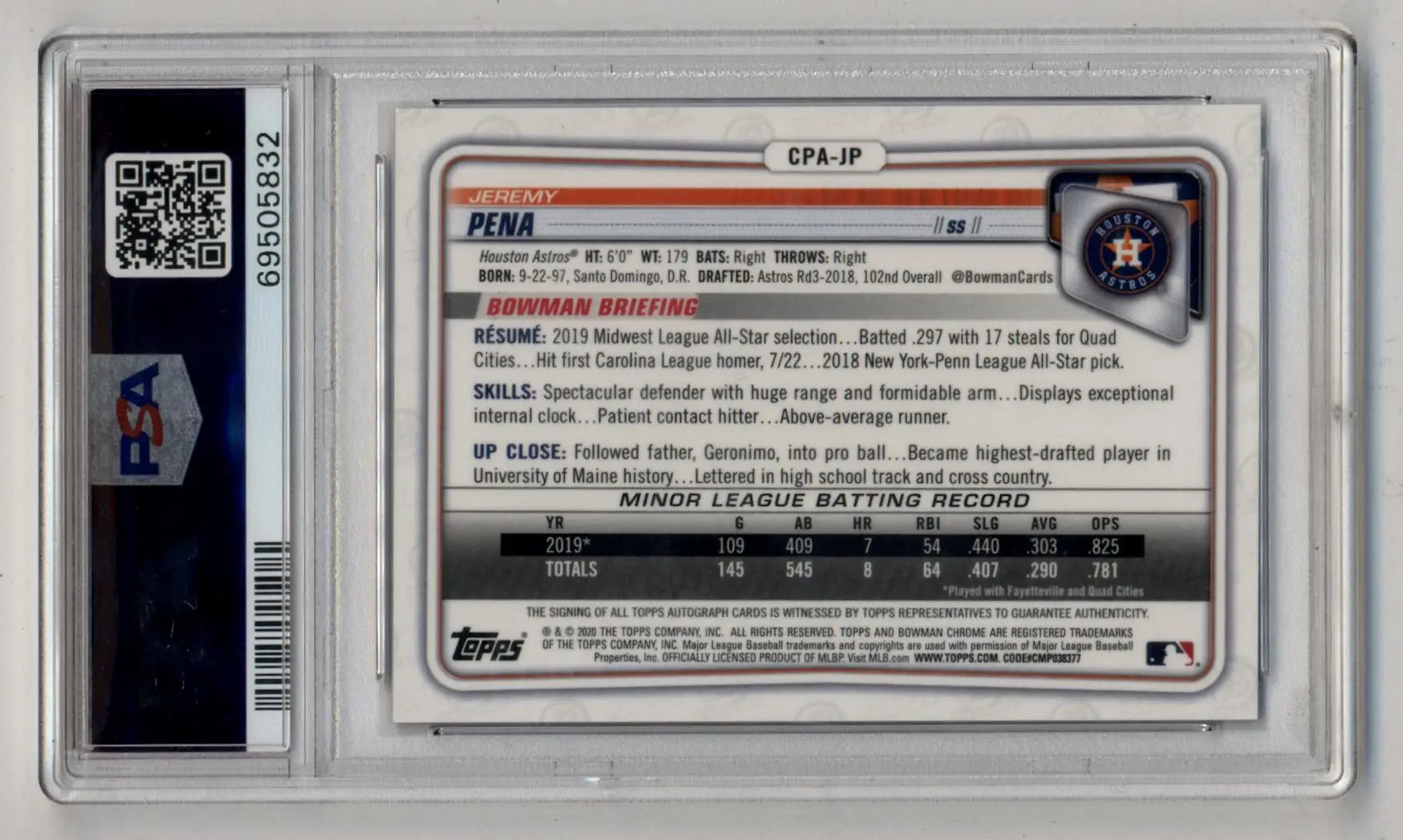 Jeremy Pena Bowman Chrome Prospect auto baseball card in clear protective slab