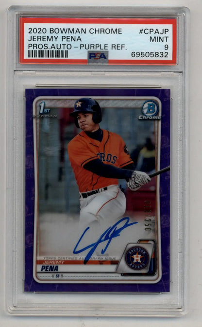 A graded 2020 Bowman Chrome Prospect Jeremy Pena auto purple refractor baseball card