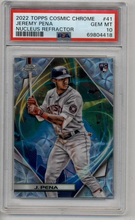 PSA-graded 2022 Topps Cosmic Chrome Jeremy Pena Nucleus Refractor baseball card at bat