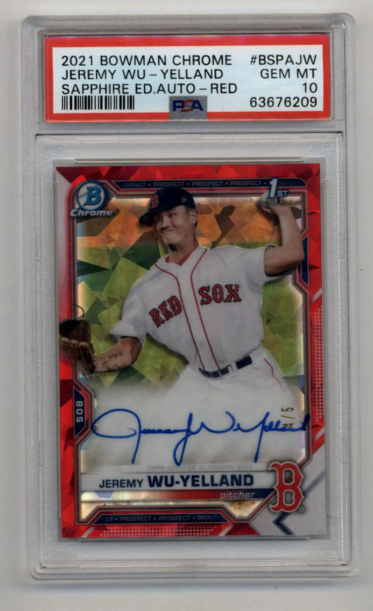 Red Jeremy Wu-Yelland Bowman Chrome Sapphire Edition baseball card with autograph and PSA 10 grading