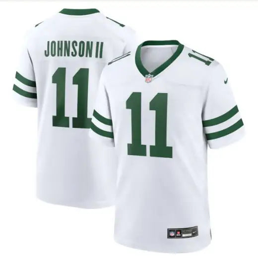 Jermaine Johnson Jets Nike Spotlight White football jersey with green trim and number 11