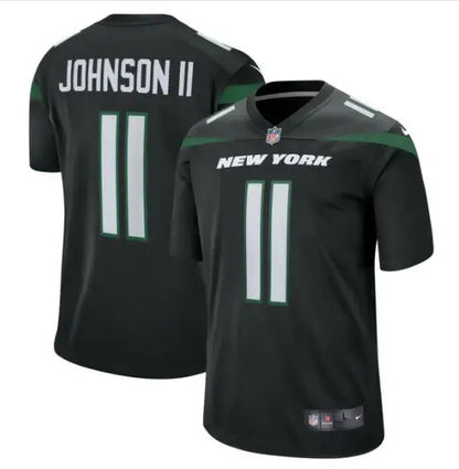 Jermaine Johnson II Jets Nike Stealth Black football jersey with white trim and number 11