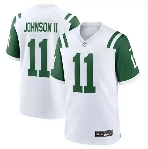 White York Jets Nike Jermaine Johnson II jersey with green sleeves and number 11