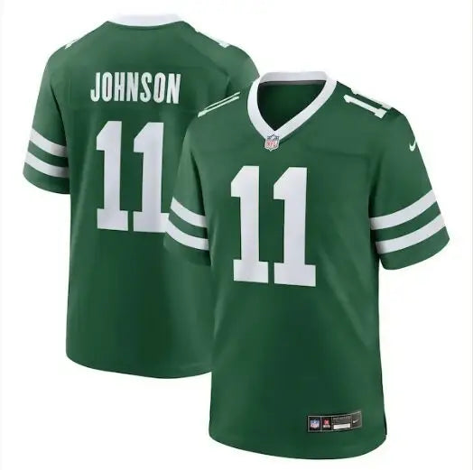 Green York Jets Nike Jermaine Johnson II jersey with white number 11 and stripes