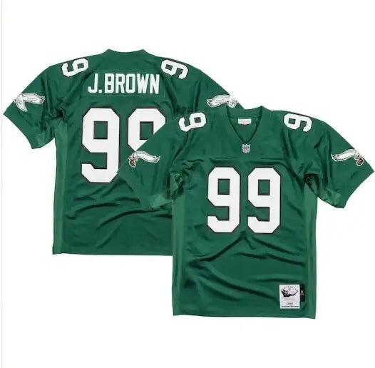 Green Jerome Brown Philadelphia Eagles jersey with number 99 and J Brown on back