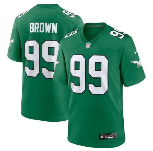 Green Philadelphia Eagles Jerome Brown jersey with white 99 numbers and BROWN on back