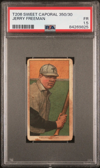PSA-graded T206 Sweet Caporal card of Jerry Freeman in gray uniform with orange background