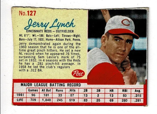 Vintage Jerry Lynch baseball card from 1962 Post Cereal Cincinnati Reds collection