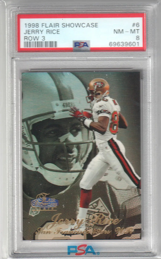 Graded Jerry Rice 1998 Flair Showcase #6 Row 3 PSA 8 NM card from Columbia Hobby