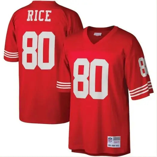 Red San Francisco 49ers Jerry Rice jersey with white number 80 and RICE on the back