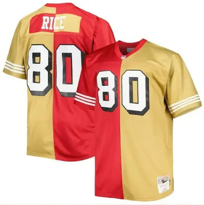 Red and gold Jerry Rice San Francisco 49ers #80 replica football jersey on display