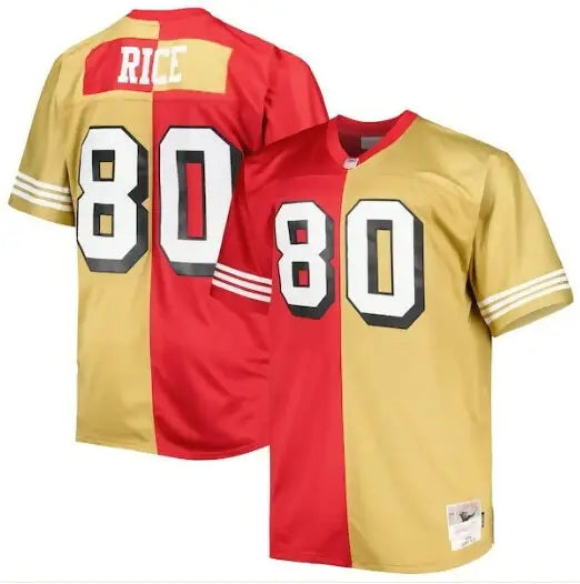 Red and gold Jerry Rice San Francisco 49ers #80 replica football jersey on display