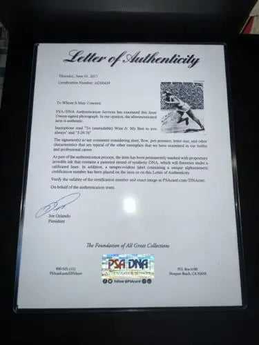 Letter of Authenticity for Jesse Owens Auto 8x10 US Olympic Photo PSA DNA Trading Card