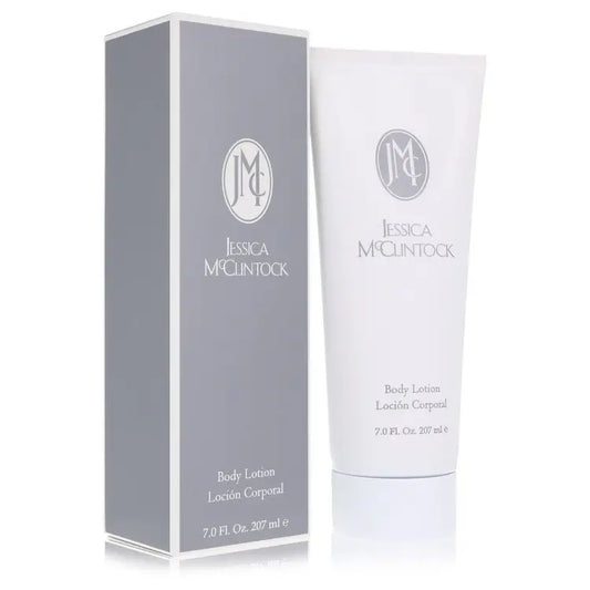 Jessica McClintock body lotion in white tube and gray box for moisturizing skin