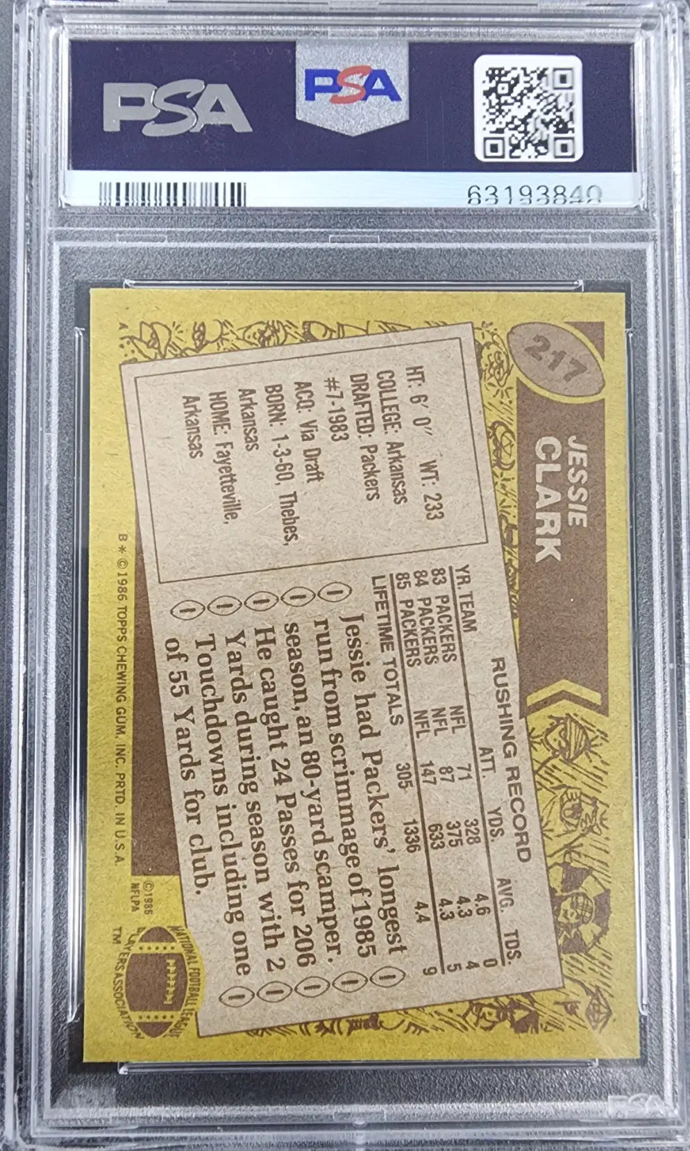 PSA-graded Jessie Clark 1986 Topps #217 Gem Mint trading card in protective case