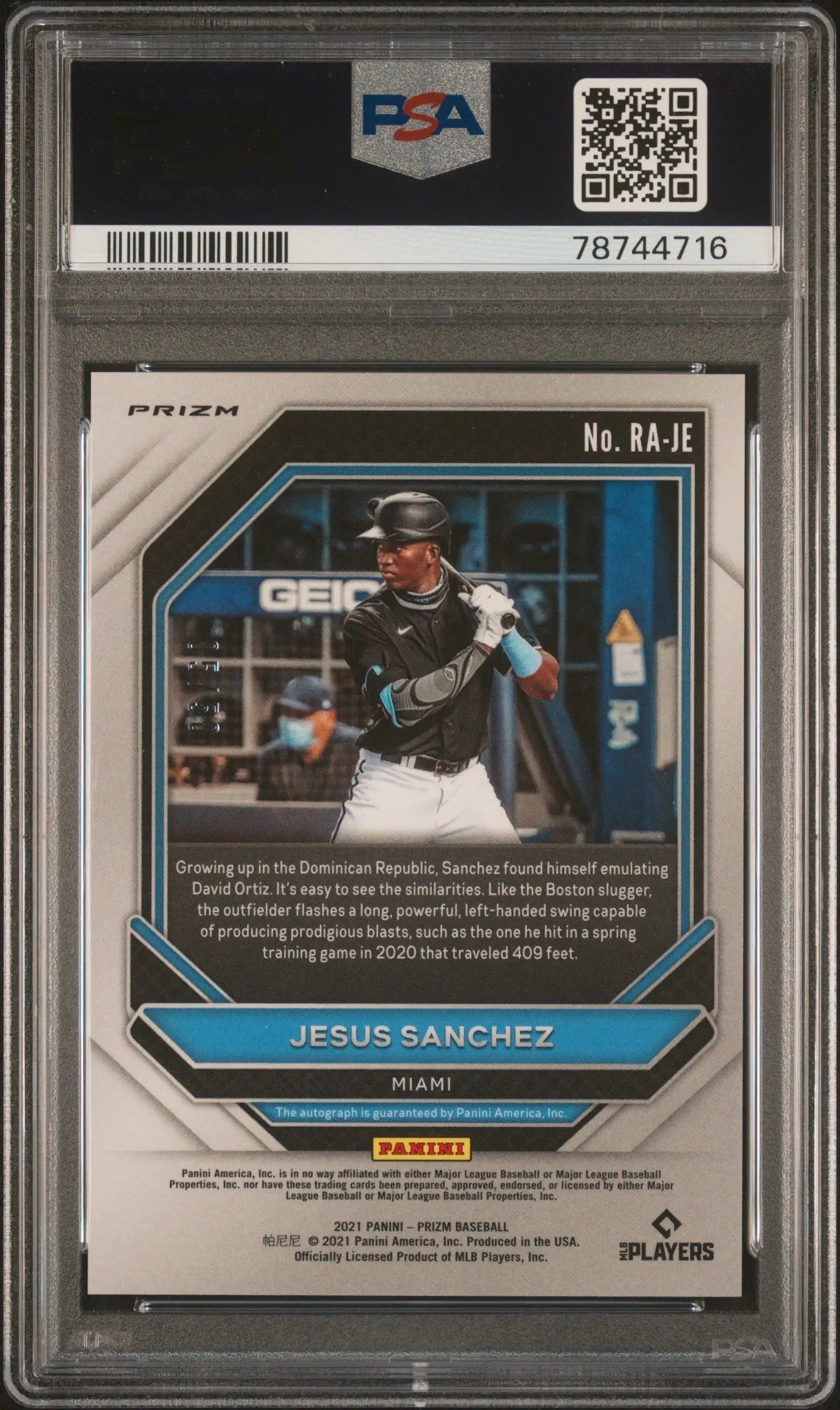 Encased JESUS SANCHEZ 2021 Panini Prizm Rookie Autograph in Columbia Hobby case