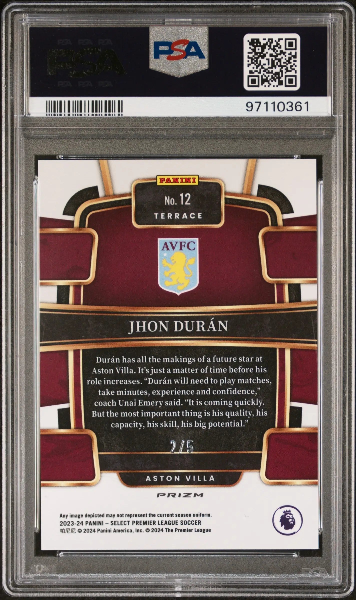 Jhon Duran 2023 Panini Select Premier League Green Prizm card PSA 10 Gem Mint
