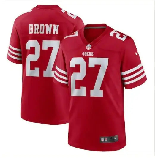 Red and white San Francisco 49ers football jersey with number 27 and BROWN on back