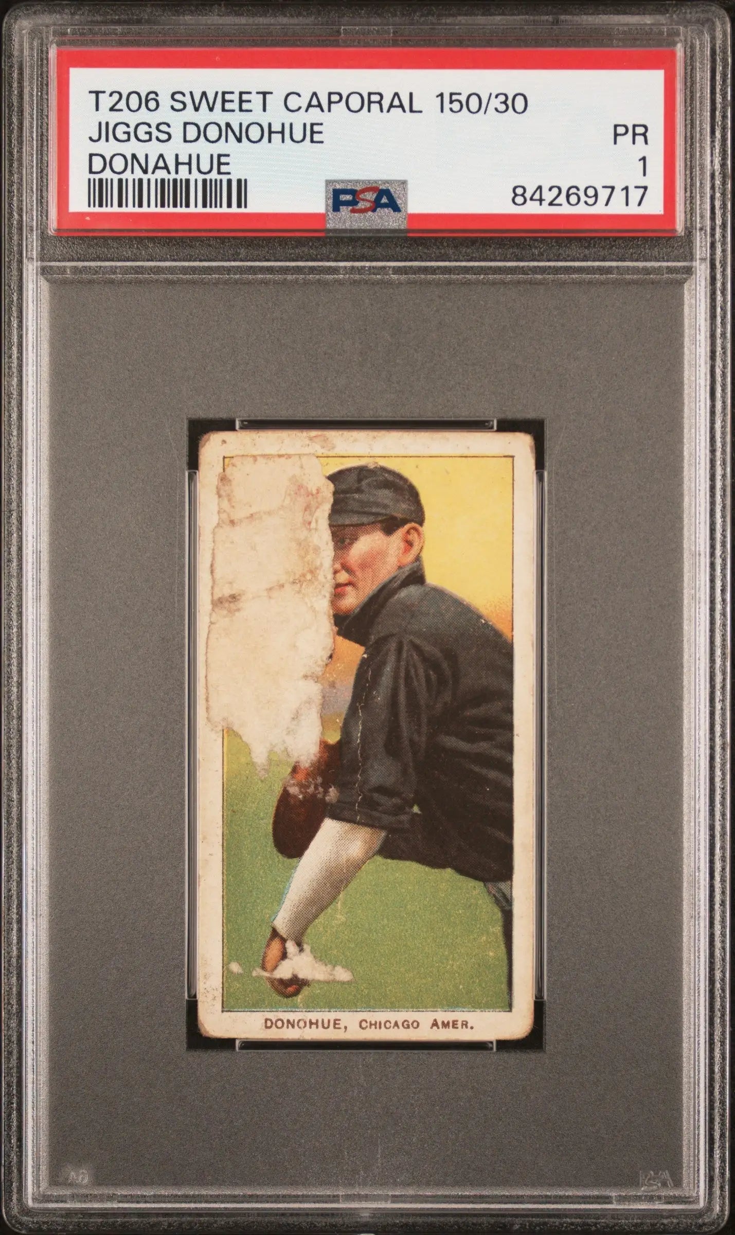 PSA-graded Jiggs Donohue Donahue T206 Sweet Caporal baseball card in fielding stance