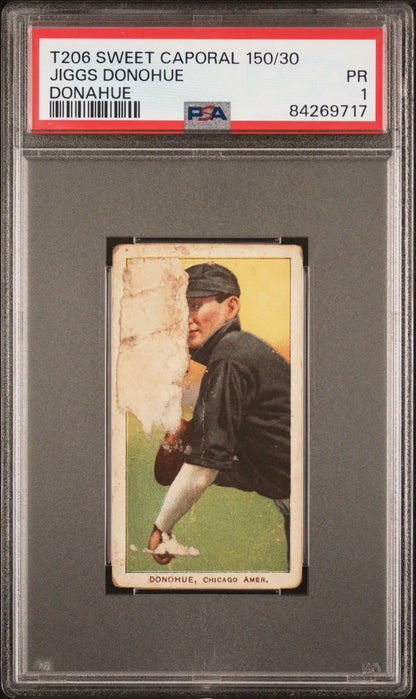 PSA-graded Jiggs Donohue Donahue T206 Sweet Caporal baseball card in fielding stance
