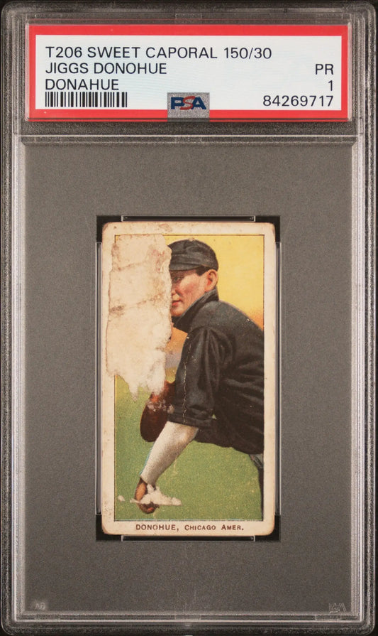 PSA-graded Jiggs Donohue Donahue T206 Sweet Caporal baseball card in fielding stance