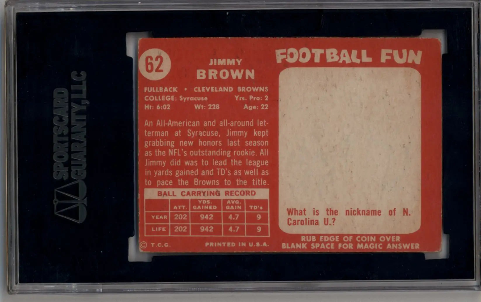 Jim Brown 1958 Topps #62 Rookie SGC 5 Excellent - Singles