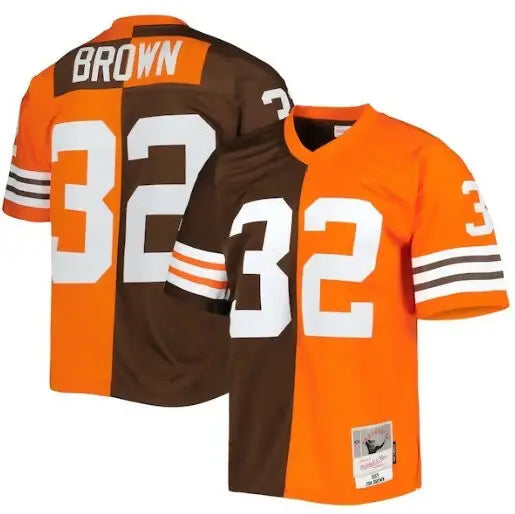 Two brown and orange Jim Brown Cleveland Browns 1963 split legacy replica jerseys