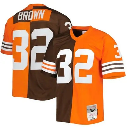 Two brown and orange Jim Brown Cleveland Browns 1963 split legacy replica jerseys