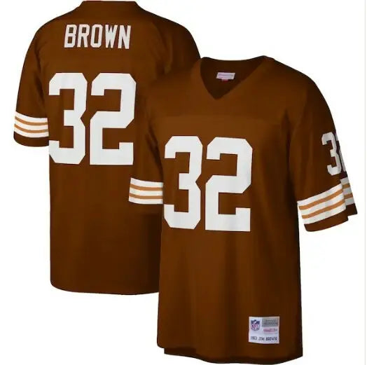 Brown football jersey with white 32 number and BROWN on back, white sleeve stripes