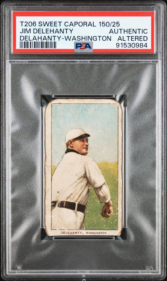 PSA-graded Jim Delehanty Washington T206 Sweet Caporal baseball card featuring player