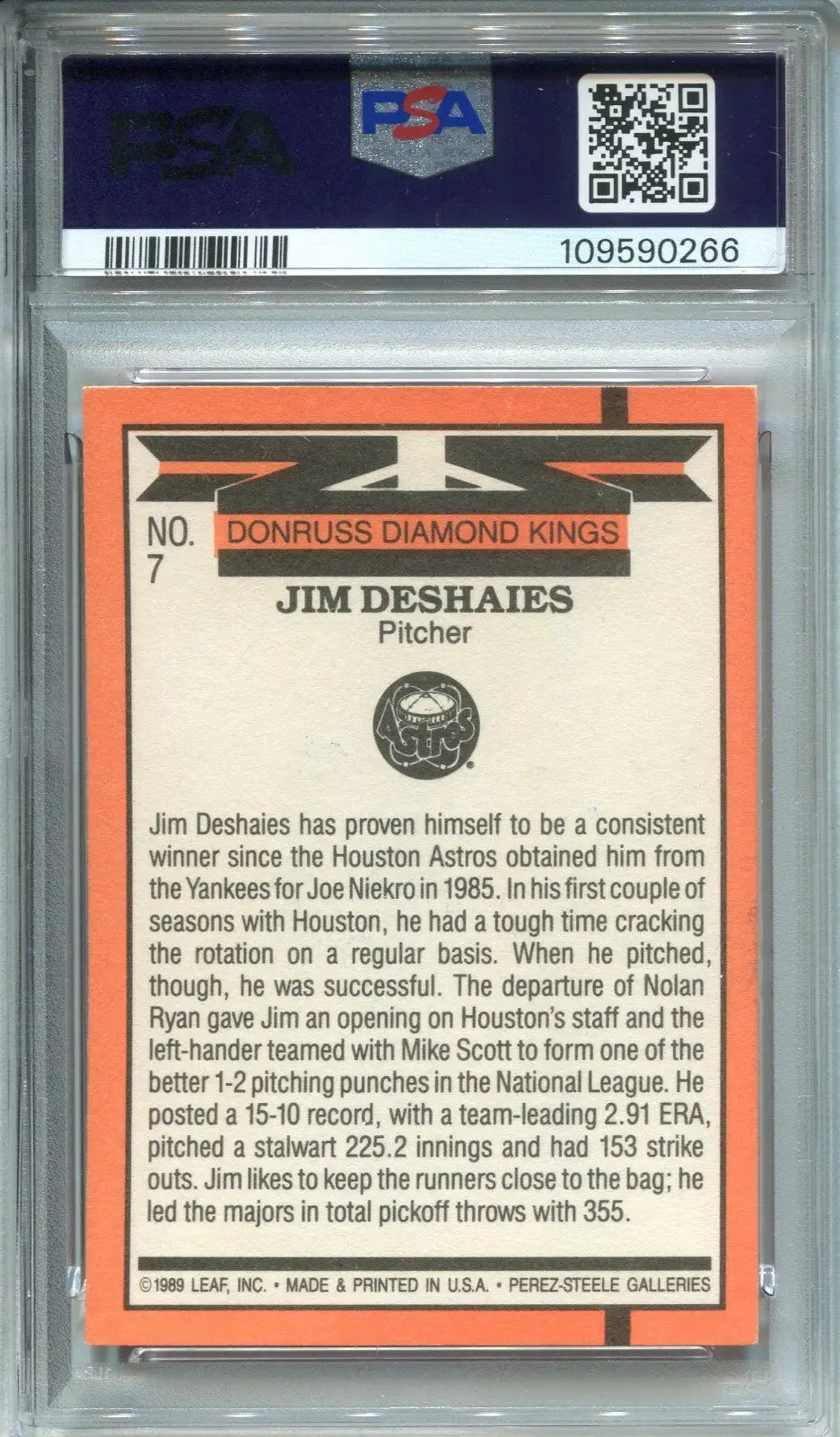 Graded 1989 Donruss Diamond King Jim Deshaies baseball card with autograph and PSA 4 DNA 10