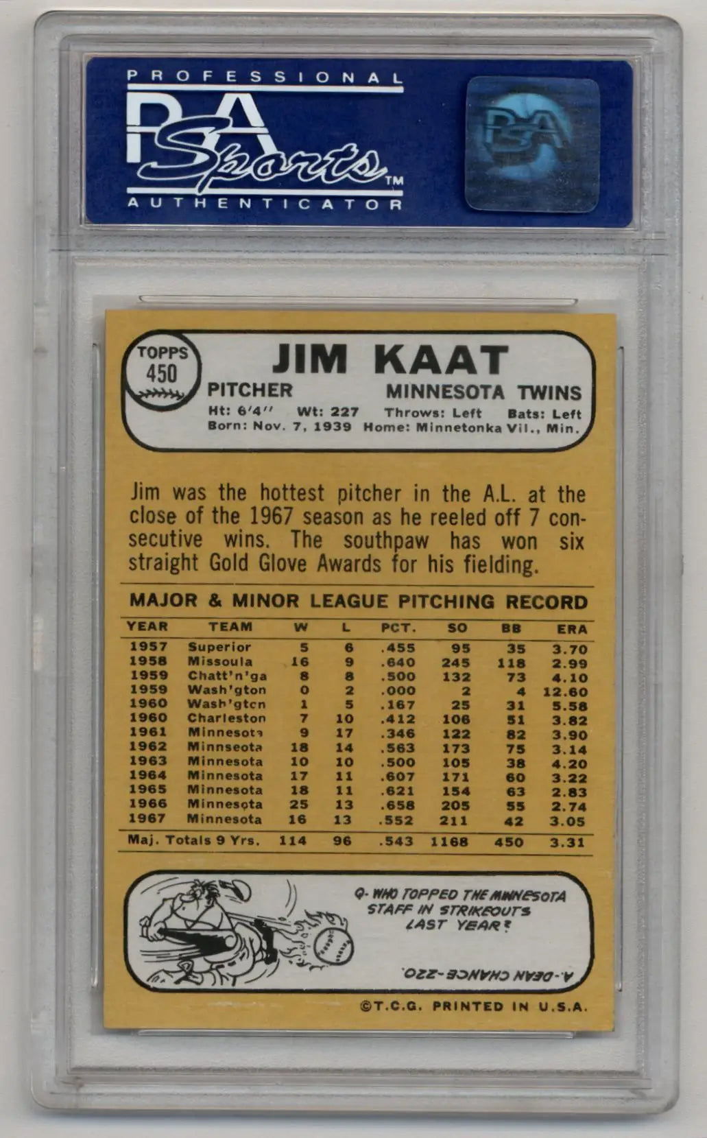Encased 1968 Topps Jim Kaat baseball card in PSA 9 Mint condition
