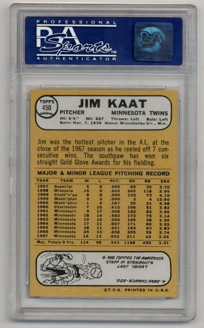 Encased 1968 Topps Jim Kaat baseball card in PSA 9 Mint condition