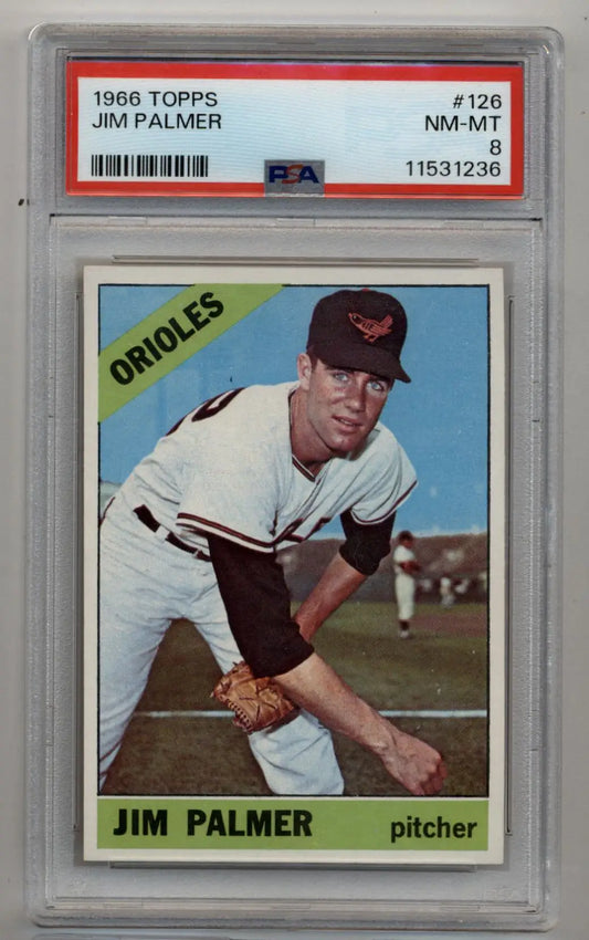 Jim Palmer 1966 Topps #126 baseball card in protective holder, graded PSA 8 Near Mint-Mint