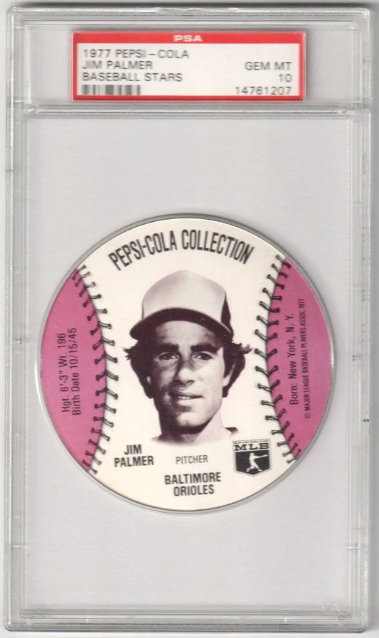 Graded 1977 Pepsi-Cola Jim Palmer baseball card from Columbia Hobby Baseball Stars discs